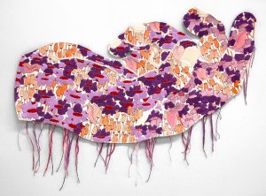 A fabric hand, embroidered with a pattern of lavender, purple, and orange flowers