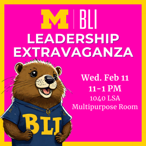 Hot pink background. BLI mascot Bargie Beaver in bottom left corner. Text: Leadership Extravaganza