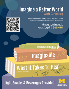 stack of books on blue background with light blue thought bubble with the words 'imagine a better world with Ginsberg'