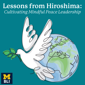 dark teal square with a large white dove holding an olive branch next to a blue and green watercolored-style earth