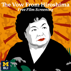 A stylized illustration of a woman (Hiroshima survivor & activist Setsuko Thurlow) with short curly dark hair and red lips, wearing a black top, set against a bright orange patterned background with abstract shapes and radiating lines.