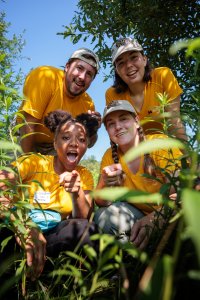 A group of four college student interns is crouching in a garden, pointing at plants.