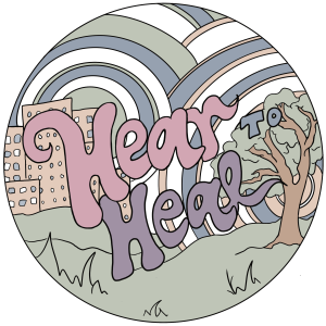 An illustration featuring the words "hear to heal" in a stylized font on a background of an abstract, swirling sky with a building, a tree, and grass in the foreground.