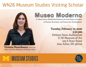Photo of woman with brown hair identified as Museum Studies visiting scholar and presenting a lecture titled Museo Moderno: A Values-driven Model that Positions Art and Artists as Central to Human, Economic and Democratic Development