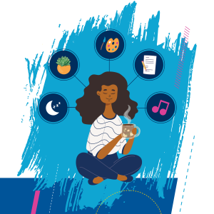 Illustration of a silhouette person with wellness icons