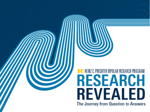 Promotional graphic for the Heinz C. Prechter Bipolar Research Program event "Research Revealed: The Journey from Question to Answers." The background features abstract, curving blue and white stripes on a dark blue field, with the University of Michigan “M” logo.
