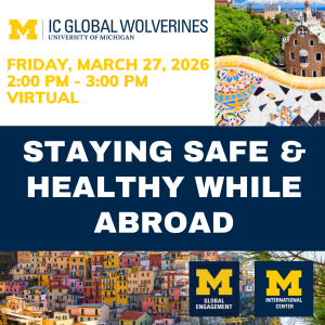 Staying Safe and Health While Abroad Flyer with two pictures of European travel destinations on it