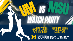 Promotional graphic for a basketball watch party reading “UM vs MSU Watch Party,” featuring white silhouettes of two basketball players jumping against a dark blue background with lightning accents. Event details read: January 30th, 8:00–10:00 PM, at the Michigan Union Courtyard, with University Unions Campus Involvement branding at the bottom.