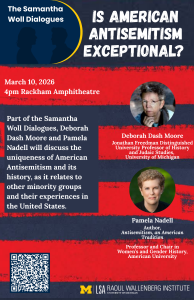 Red and striped background; event info