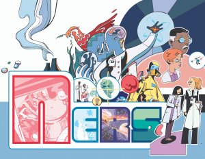 A colorful, illustrated mural spelling “NERS” across the bottom, with each letter filled by different scenes related to science, technology, and society. Surrounding and rising above the letters are stylized figures of scientists, engineers, and students in lab coats, alongside symbolic imagery including a phoenix-like bird, a brain with lab equipment, atoms, a reactor-like structure emitting steam, digital grids, tools, and abstract scientific diagrams. The composition blends people, research, creativity, and discovery into a single dynamic scene, emphasizing collaboration, innovation, and the human side of nuclear engineering and radiological sciences.