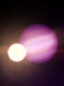 An artist's illustration of a purple gas giant orbiting a small, brilliant white dwarf star against a dark, starry background.