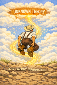 An illustration of a man in rustic attire jumping from a cracked, rocky landscape into a bright, cloudy sky. A winding, sparkling golden path leads from the ground toward the words UNKNOWN THEORY at the top. The rocky ground is embossed with the text LOW ENERGY INFORMATION.