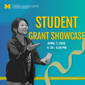 Girl with an outstretched hand toward the words "Student Grant Showcase, April 7, 2026"
