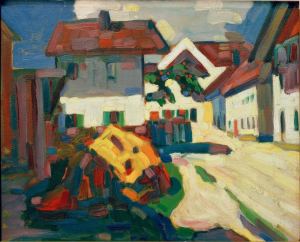 Vibrant abstract painting of a village scene with colorful houses and a dynamic sky. The composition conveys a lively and energetic atmosphere.