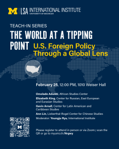 Teach-In Series image with dotted world map and with highlighted US map