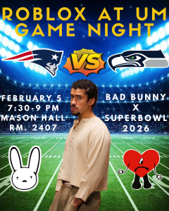 A football stadium background, with pictures of Bad Bunny, Seattle Seahawks and the New England Patriots.