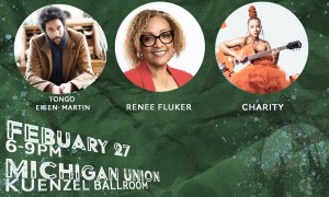 Image Imported from Maize Pages: Green event flyer with three headshot of speakers in circles across top of page (event details as presented).