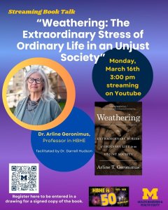 Purple background with picture of Arline Geronimus and her book