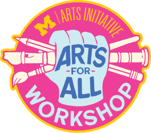 A hand holds brushes and other art-making supplies. The text around it reads "Arts for All Workshop"