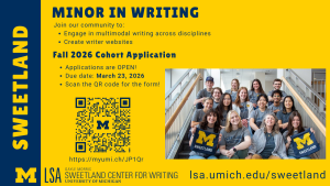 Text graphic with application deadline and QR code to apply, and group photo of a Minor class