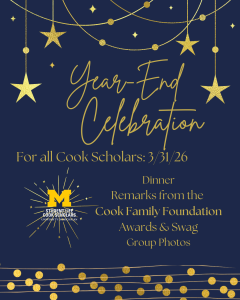 Flyer with dark blue background and starry sky outlines event details; Cook Scholars logo in lower left corner.