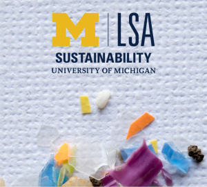 LSA Sustainability logo above small, colorful plastic shards