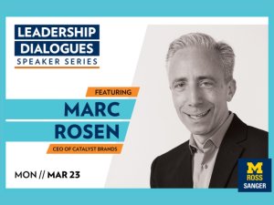 Graphic shows headshot of speaker in sport coat with short, light hair, Leadership Dialogues title in upper left, and aqua border.