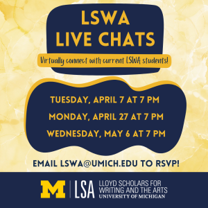 Blue and maize background with LSWA Live Chat dates listed April 7, April 27, and May 6 all at 7-8PM Eastern