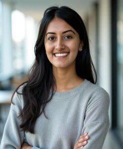 Mal Sridhar smiles at the camera while posing for a headshot. Her long, dark hair is draped over her shoulder. She wears a light grey sweater against a well-lit background.