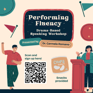 A flyer with illustrated speakers, a QR code to sign up