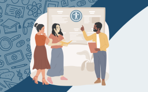 Three people pointing to a screen with an accessibility symbol