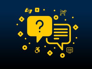 Chat bubble with a question mark with surrounding decorative dots, squares, diamonds and icons of a wheelchair, service dog, ASL hands, and screenreader.