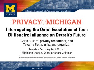Graphic with prism borders highlights text details of Interrogating the Quiet Escalation of Tech Billionaire Influence on Detroit’s Future