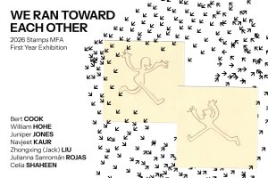 Poster for We Ran Toward Each Other. Two Post-It notes show two cartoon figures running toward each other, and are surrounded by a field of arrow icons pointing in different directions.