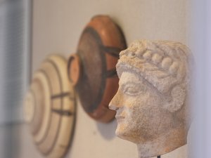 Kelsey Museum display case showing examples of Greek bowls and a male stone head.