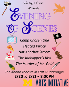 A pink poster that says the name of the 5 shows, "Camp Chosen One," "Heated Piracy," "Not Another Sitcom," "The Kidnapper's Kiss," and "The Murder of Mr. Geld"