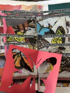 Image of pages from a zine with cut out words and graphics