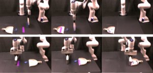 A robot sweeps up debris into a dustpan.