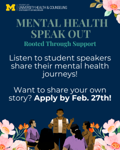 Image with flowers and a dark blue background of a man speaking to a group of peers. The UHC logo is attached in the top left corner.