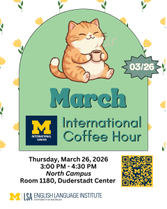 Picture of cat drinking a coffee advertising the March International Coffee Hour