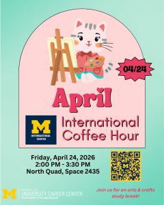 Cat painting a canvas while advertising the April International Coffee Hour