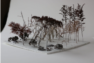 A photo shows a miniature replica of a forest in an artist's studio. Trees are made from twigs and leaves.