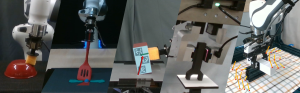 various tools on the end of a robot arm being tested, such as a spatula, sponge, and wrench.