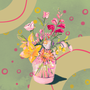 A vase of pink and yellow flowers with a green background.