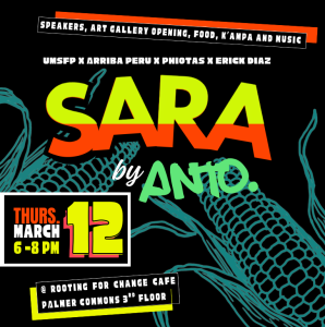 Black graphic with ears of corn illustrated in bright blue, with text in bright red and yellow giving details of the event.