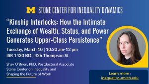 Event announcement for a talk on kinship interlocks and upper-class persistence, scheduled for March 10 at the University of Michigan.