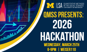 Decorative images of data charts and figures with trend lines in various colors along with white and gold text on a dark blue background advertising QMSS's 2026 Hackathon on Wednesday, March 25 from 6-9pm in Weiser 110.