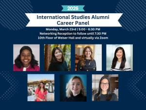 Infographic with a photo of each of our seven alumni panelists