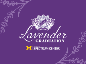 Lavender Graduation crest, name repeated in text, and Spectrum Center logo on a purple background with lavender sprigs