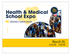 Promotional poster for a Health & Medical School Expo with event details and a photo of attendees.